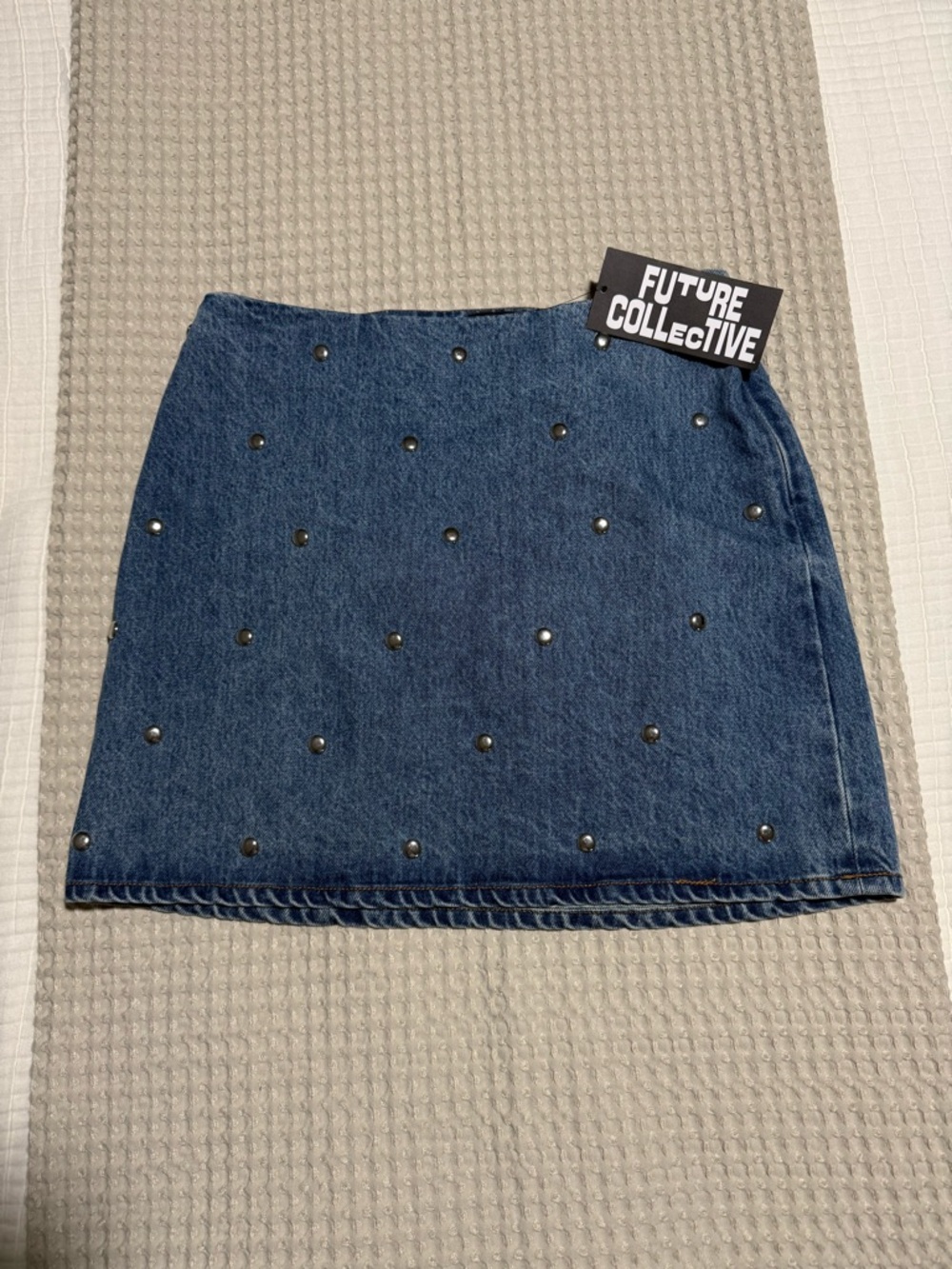 Future Collective Dark Blue Denim Mini Skirt with Stud Accents